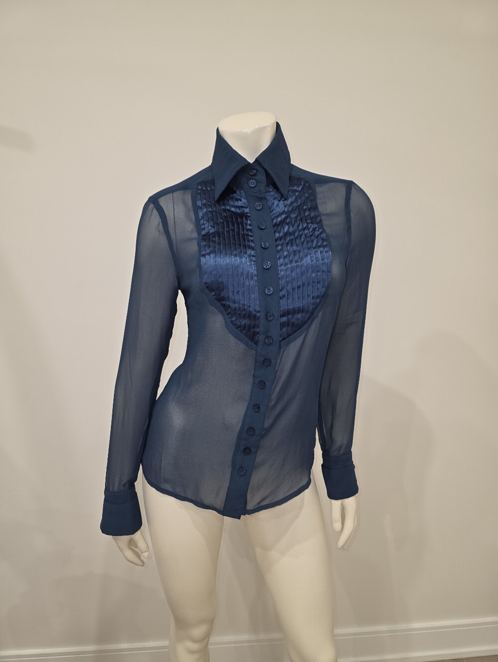 Rare Kor@Kor Sheer Dark Turquoise Satin Pleated Bib Button Down Blouse - Picture 2 of 14